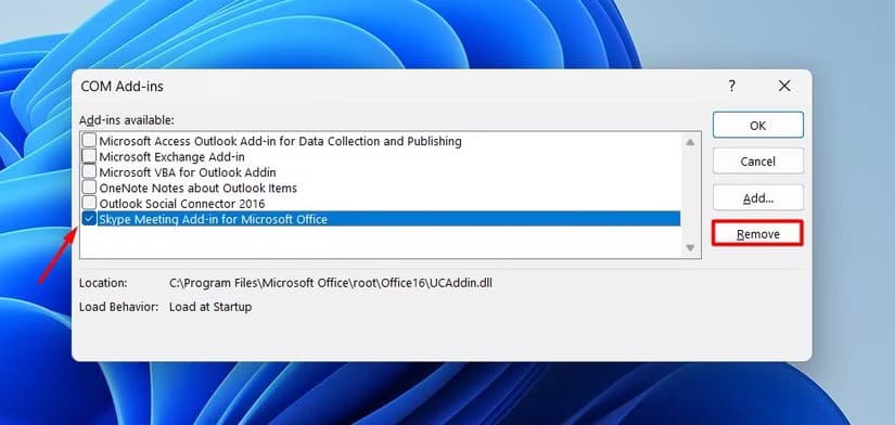 remove-option-in-the-com-add-ins-window حل مشكلة تعطل Outlook عند فتح الرسائل أو إنشاء بريد جديد