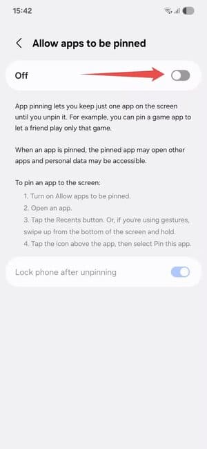 samsung-allow-apps-to-be-pinned-menu كيف تؤمن هاتف سامسونج من السرقة وحماية بياناتك الشخصية بخطوات بسيطة
