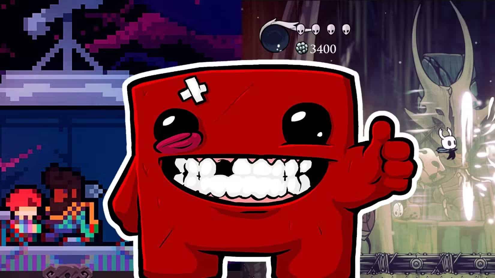 super-meat-boy-in-between-a-hollow-knight-player-shooting-a-magic-missile-and-a-celeste-player-speaking-to-a-male-npc لماذا ألعاب Android تتفوق على ألعاب الكمبيوتر