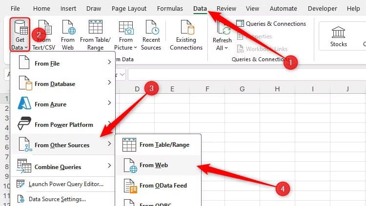 the-from-web-option-in-the-from-other-sources-section-of-the-get-data-drop-down-menu-in-excel أوامر في Power Query تُسهّل تنظيف وتحويل البيانات في Excel