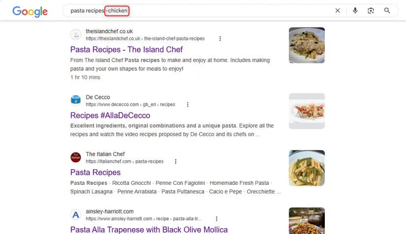 the-google-search-result-for-a-query-that-excludes-the-word-chicken-from-the-results أفضل 8 طرق للحصول على نتائج دقيقة عند البحث في Google