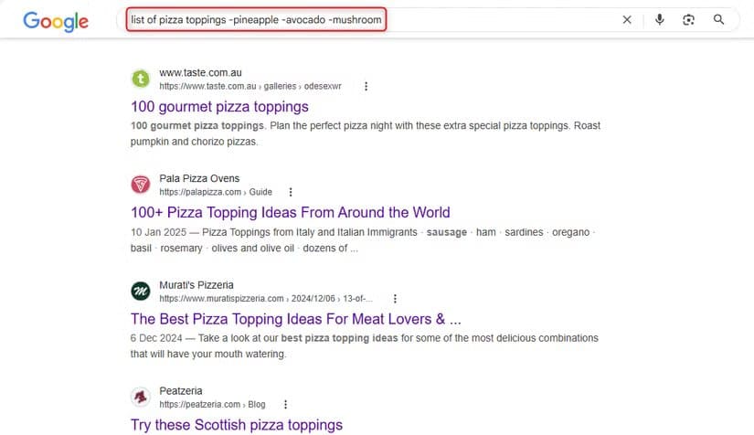 the-google-search-result-for-a-search-that-excludes-three-words أفضل 8 طرق للحصول على نتائج دقيقة عند البحث في Google