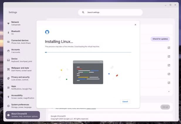 the-linux-environment-being-installed-on-a-chromebook كيف تستخدم تطبيقات Linux على Chromebook لتوسيع قدراته