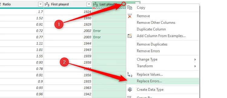the-right-click-menu-of-a-column-in-excel-s-power-query-editor-is-expanded-and-replace-errors-is-selected أوامر في Power Query تُسهّل تنظيف وتحويل البيانات في Excel