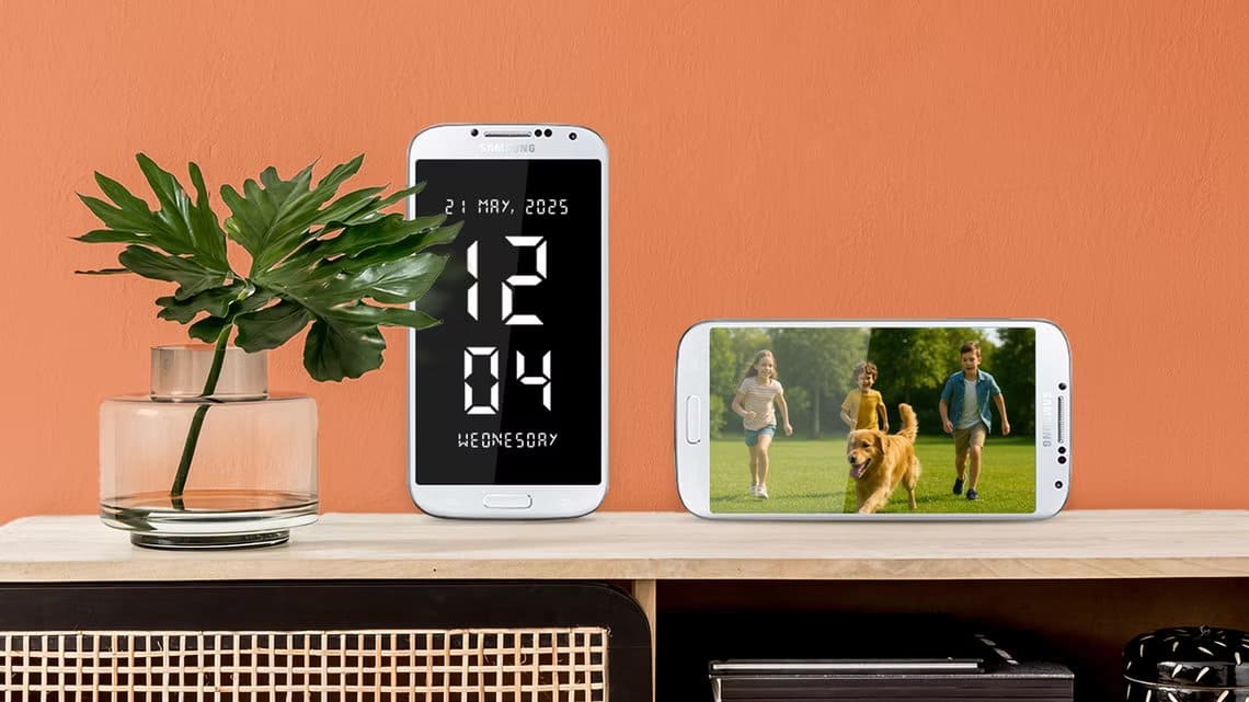 two-phones-on-a-table-one-displaying-a-digital-clock-the-other-a-photo استخدام هاتف Android القديم كشاشة ذكية لسيارتك