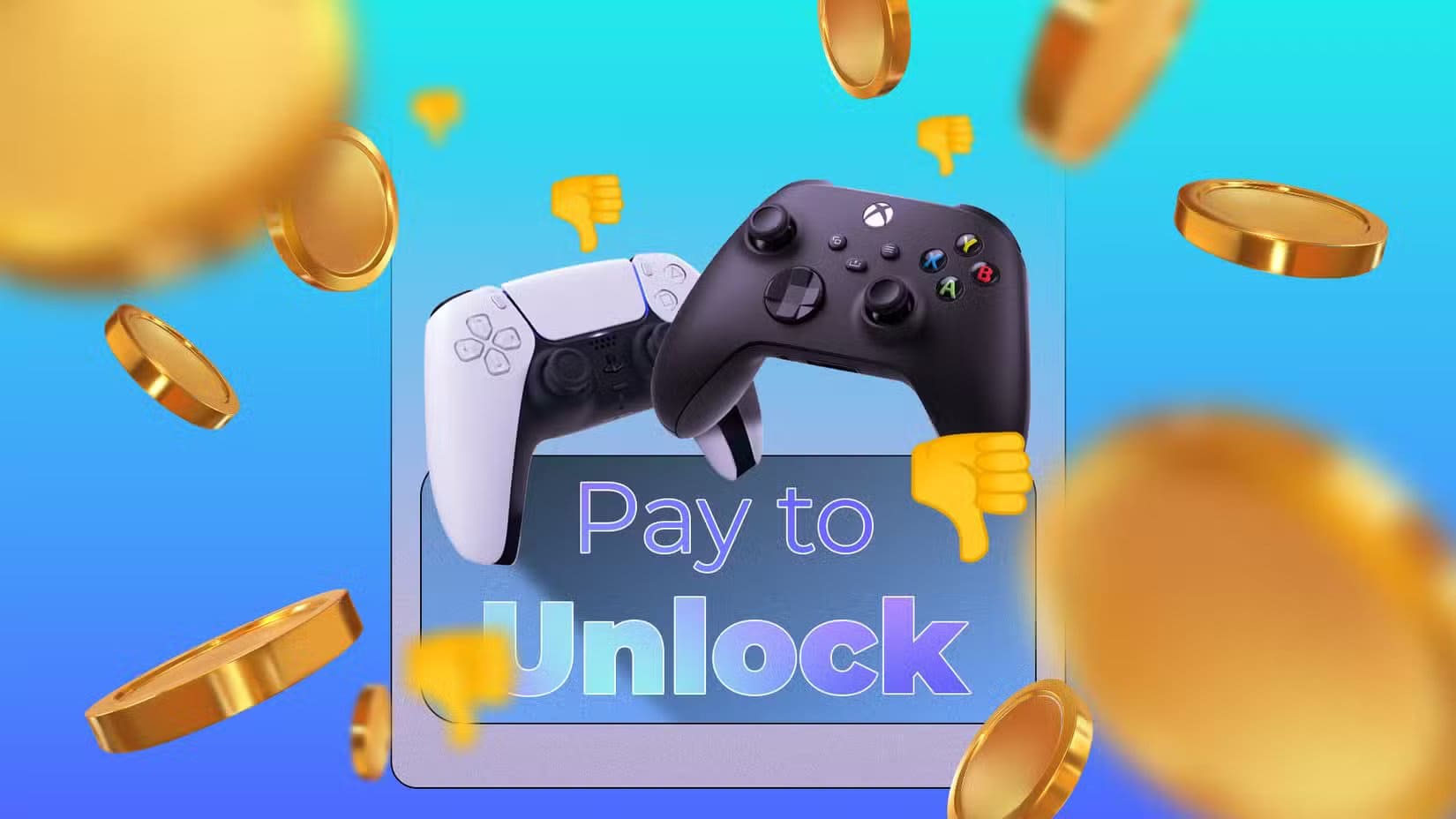 two-video-game-controllers-above-a-pay-to-unlock-label-surrounded-by-flying-coins-and-thumbs-down-emojis لماذا ألعاب Android تتفوق على ألعاب الكمبيوتر