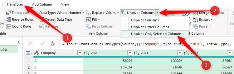 unpivot-only-selected-columns-is-selected-in-excel-s-power-query-editor أوامر في Power Query تُسهّل تنظيف وتحويل البيانات في Excel
