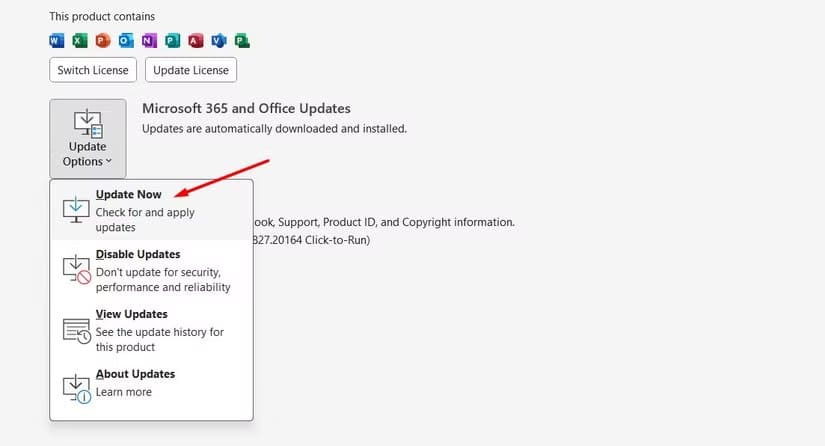 update-now-option-in-office-account-window حل مشكلة تعطل Outlook عند فتح الرسائل أو إنشاء بريد جديد