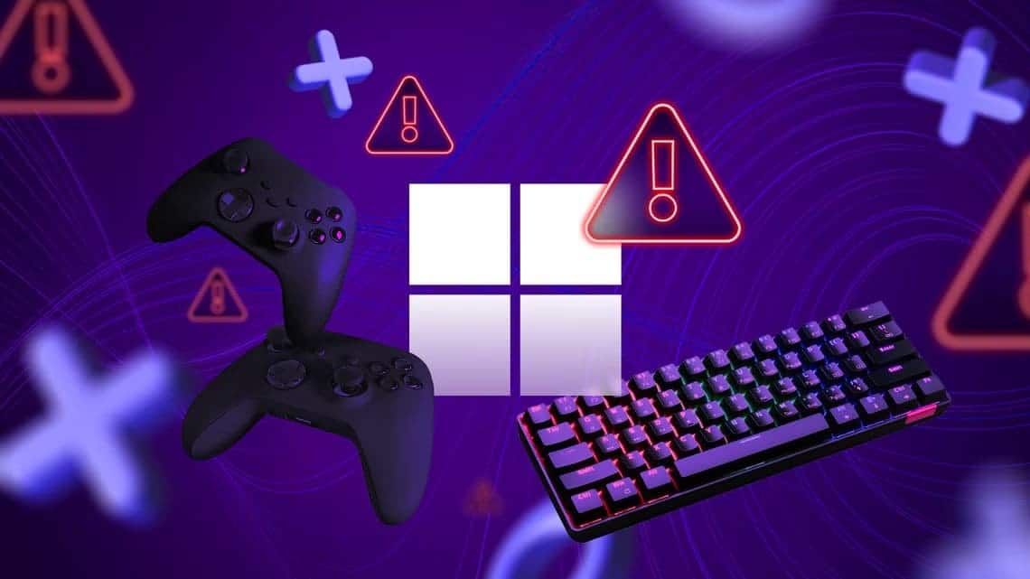 windows-logo-surrounded-by-video-game-controllers-and-a-keyboard-with-multiple-warning-signs-around-it هل بدأ Windows يفقد مكانته كنظام أساسي لألعاب الكمبيوتر