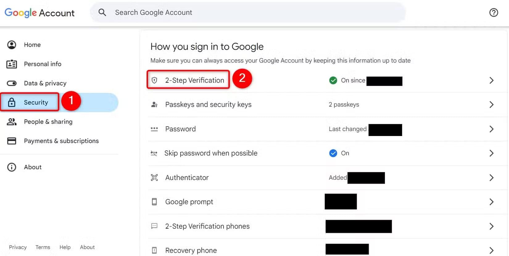 1-google-2-step-settings طريقة استعادة الحساب بعد توقف رمز التحقق الثنائي