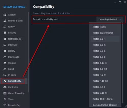 1-proton-settings-in-steam تشغيل كل البرامج المهمة على Linux باستخدام هذه الحلول العملية