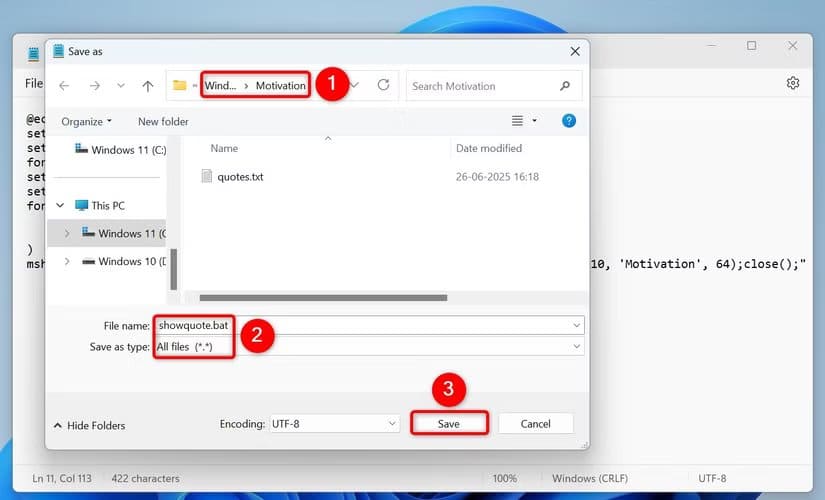 2-save-quotes-batch-file نص PowerShell البسيط الذي يمنحك تحفيزًا يوميًا بمجرد تشغيل الكمبيوتر
