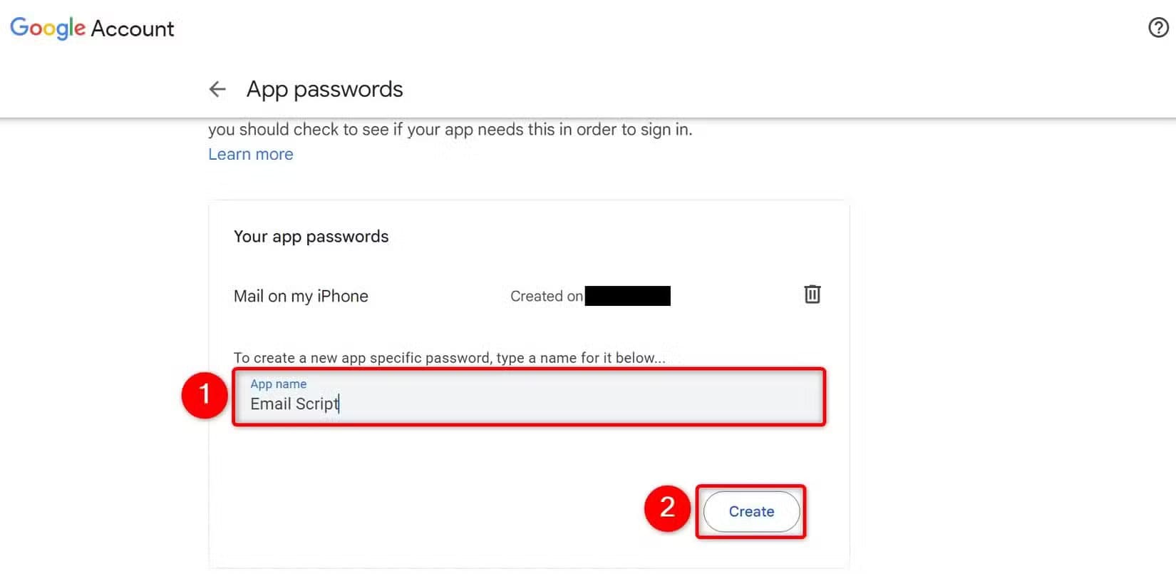 3-google-create-app-password طريقة استعادة الحساب بعد توقف رمز التحقق الثنائي