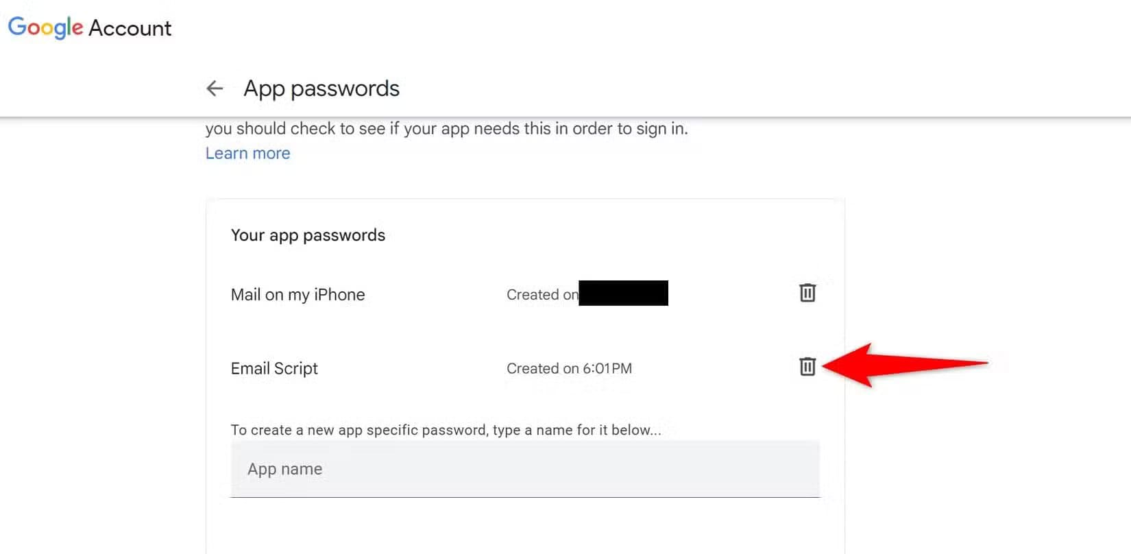 5-google-delete-app-password طريقة استعادة الحساب بعد توقف رمز التحقق الثنائي