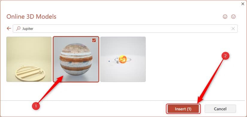 a-3d-model-of-jupiter-is-selected-in-microsoft-s-3d-models-gallery-in-powerpoint-and-the-insert-button-is-highlighted طرق تجعل عرضك التقديمي في PowerPoint يبدو احترافيًا دون خبرة في التصميم