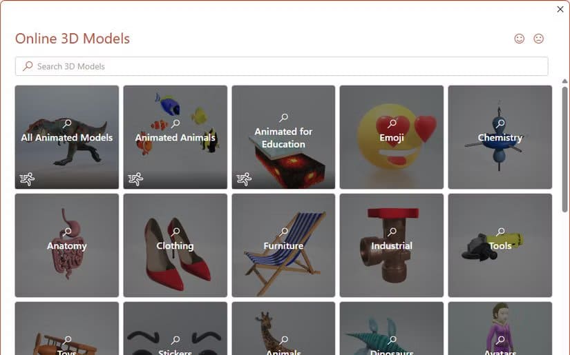 a-dialog-box-in-powerpoint-showing-microsoft-s-gallery-of-stock-3d-models طرق تجعل عرضك التقديمي في PowerPoint يبدو احترافيًا دون خبرة في التصميم