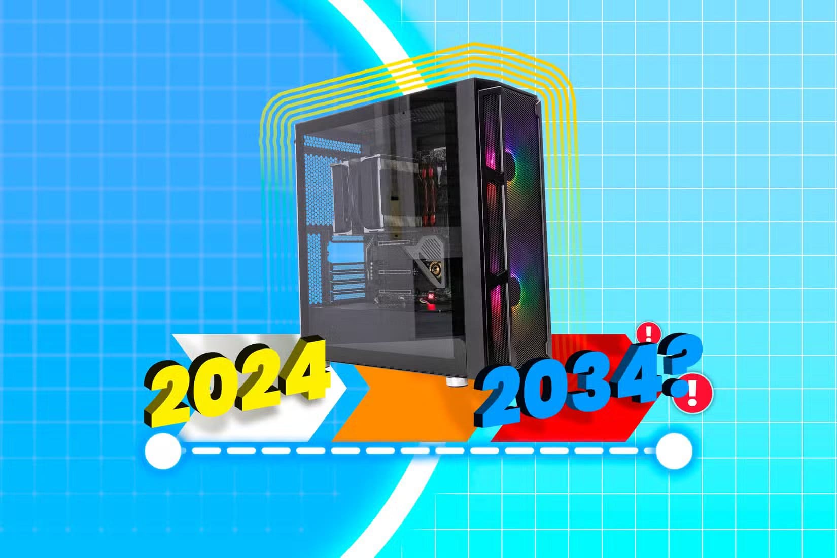 a-gaming-pc-case-with-a-10-year-timeline-below-it أخطاء شائعة يجب تجنبها عند تجميع كمبيوتر مكتبي لأول مرة