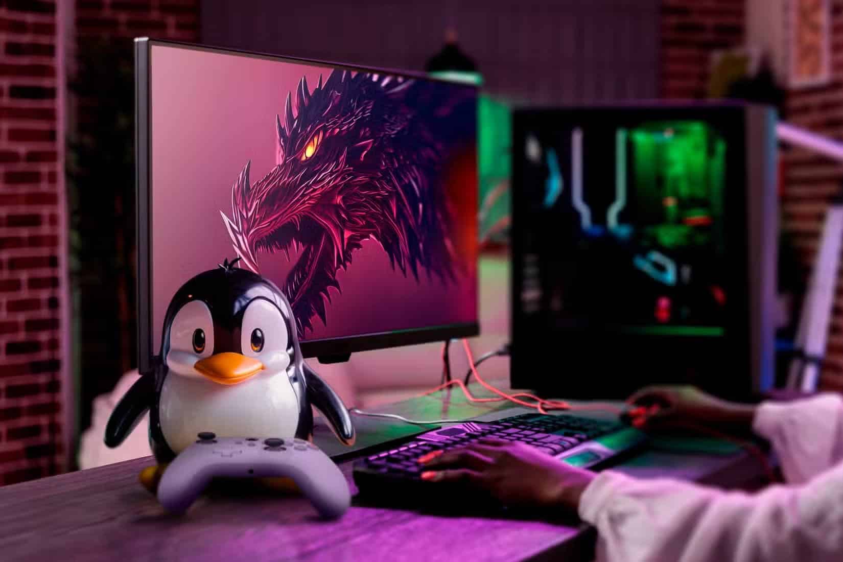 a-gaming-pc-with-garuda-linux-on-the-screen-and-tux-mascot-with-a-controller-next-to-it اختياري لنظام Linux كأفضل بيئة لجهاز الكمبيوتر الأول لأطفالي