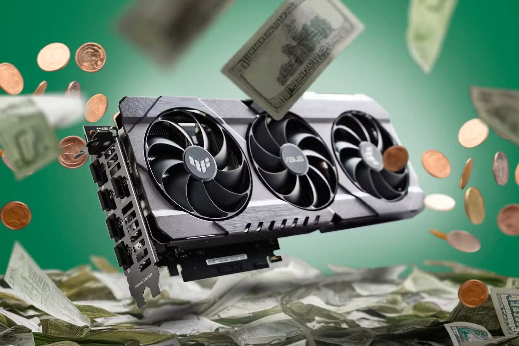 a-gpu-with-a-pile-of-money-around-it أخطاء شائعة يجب تجنبها عند تجميع كمبيوتر مكتبي لأول مرة