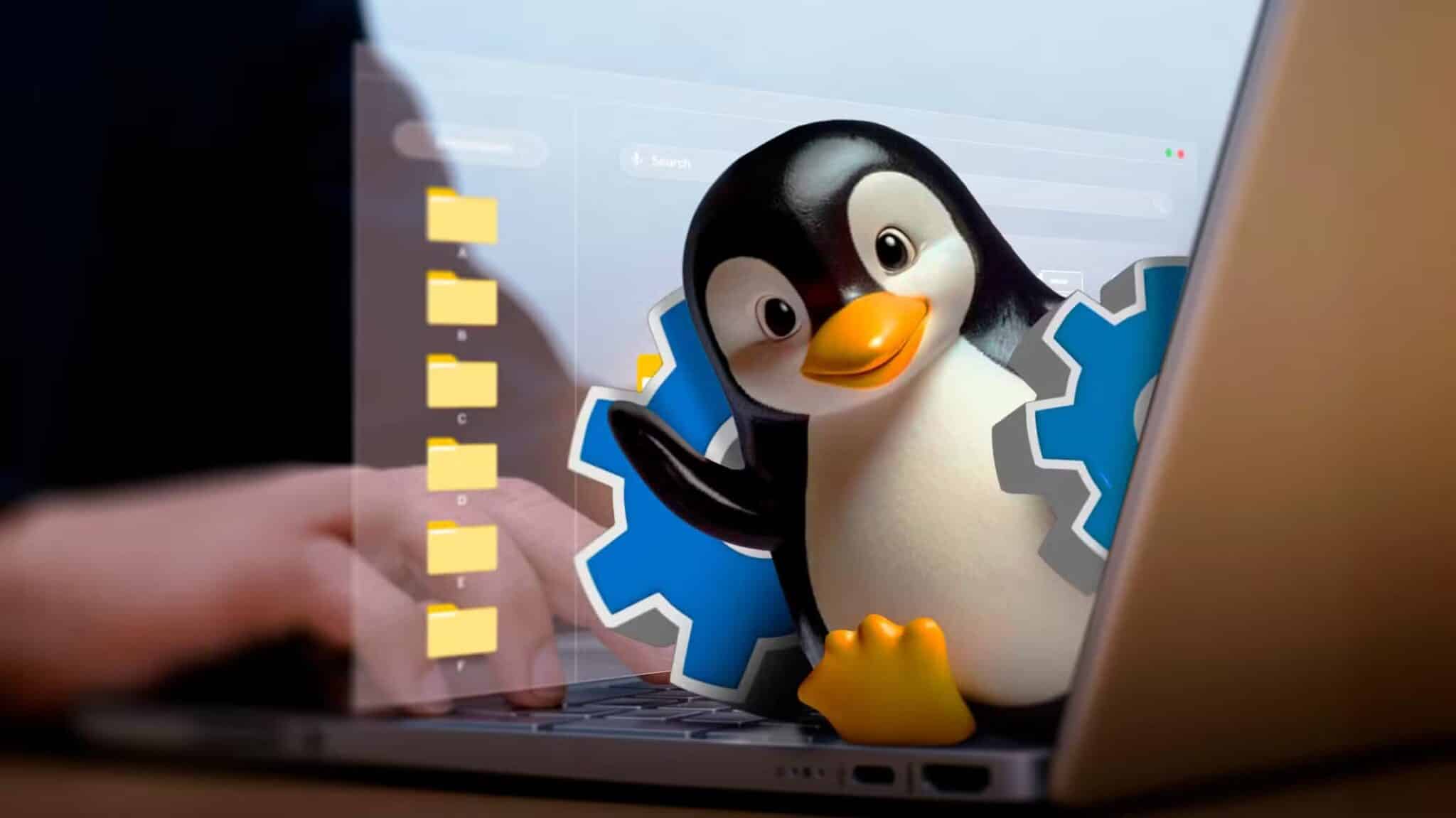 a-hand-using-a-laptop-and-linux-mascot-coming-out-of-the-screen-with-a-gear-and-some-files-behind-1-scaled أوامر وأدوات تساعدك في إعادة تسمية الملفات دفعة واحدة على Linux
