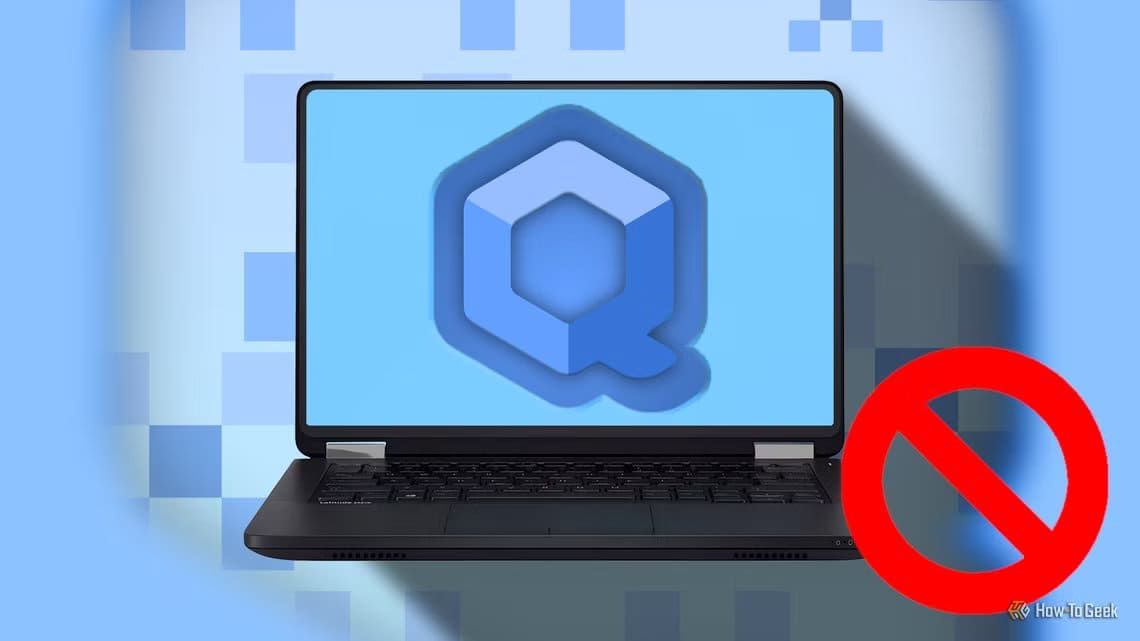 a-laptop-displaying-the-qubes-os-logo-with-a-background-of-abstract-cube-patterns-in-shades-of-blue-in-the-bottom-right-corner-is-a-red-no-entry-sign لماذا قد تكون Qubes Linux خيارًا غير مناسب لك