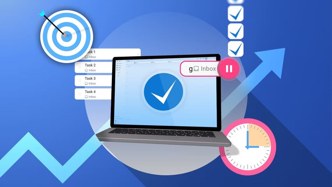 a-laptop-displaying-the-super-productivity-logo-on-the-screen-surrounded-by-task-lists-a-target-with-an-arrow-a-rising-arrow-chart-a-clock-and-a-checklist-all-set-against-a-blue-background بديل مجاني مفتوح المصدر يغنيك عن تطبيقات الإنتاجية المدفوعة