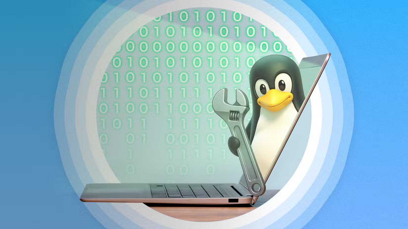 a-laptop-on-a-desk-seen-from-the-side-with-the-linux-mascot-coming-out-of-the-screen-holding-a-wrench إذا بدأت تلاحظ هذه العلامات فأنت مستعد تمامًا لاستخدام Arch Linux