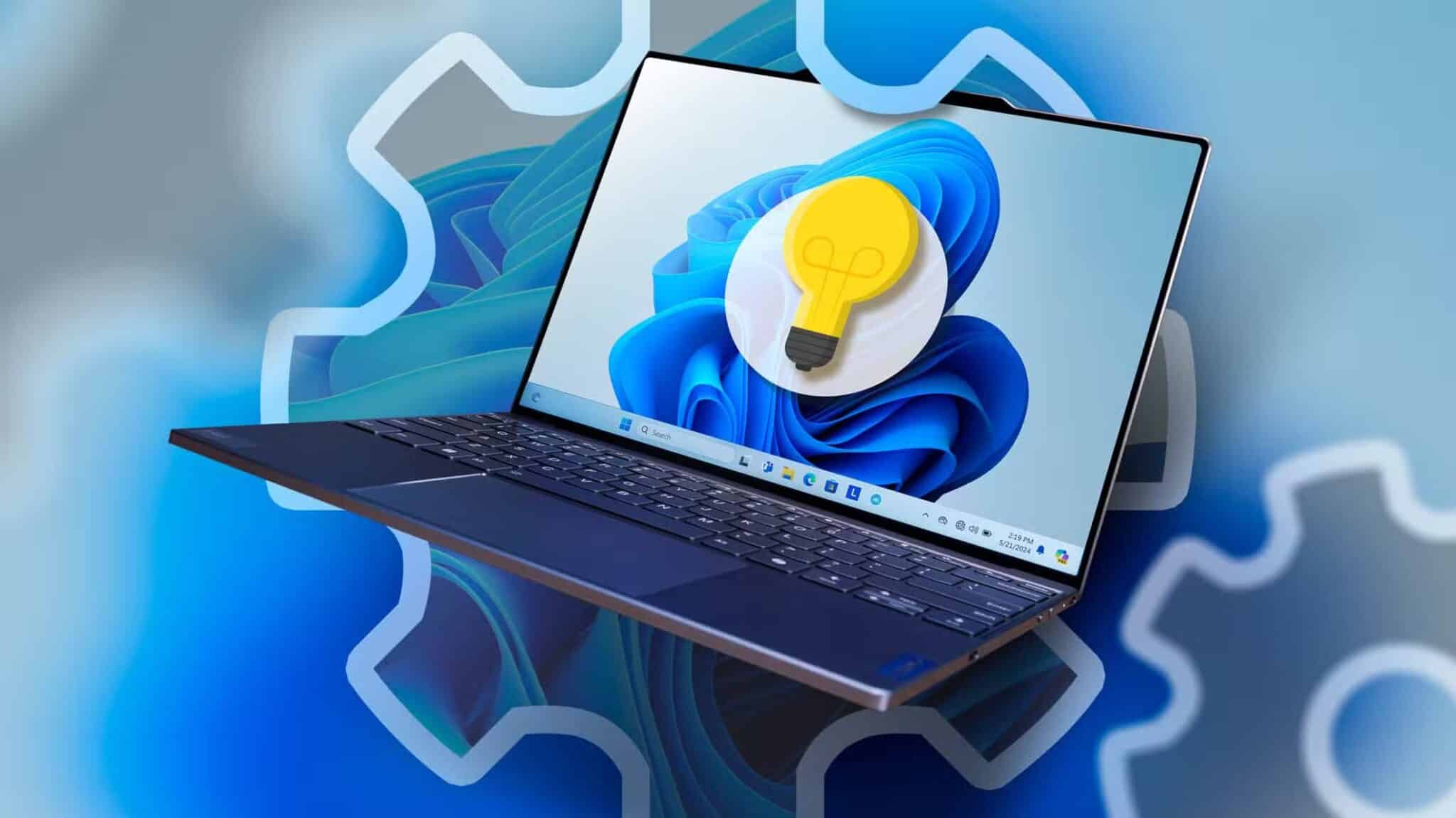 a-laptop-with-windows-11-coming-out-of-a-gear-icon-and-a-lightbulb-on-the-screen-scaled أشياء يجب أن تعرفها قبل الترقية إلى Windows 11 لتفادي المشاكل الشائعة