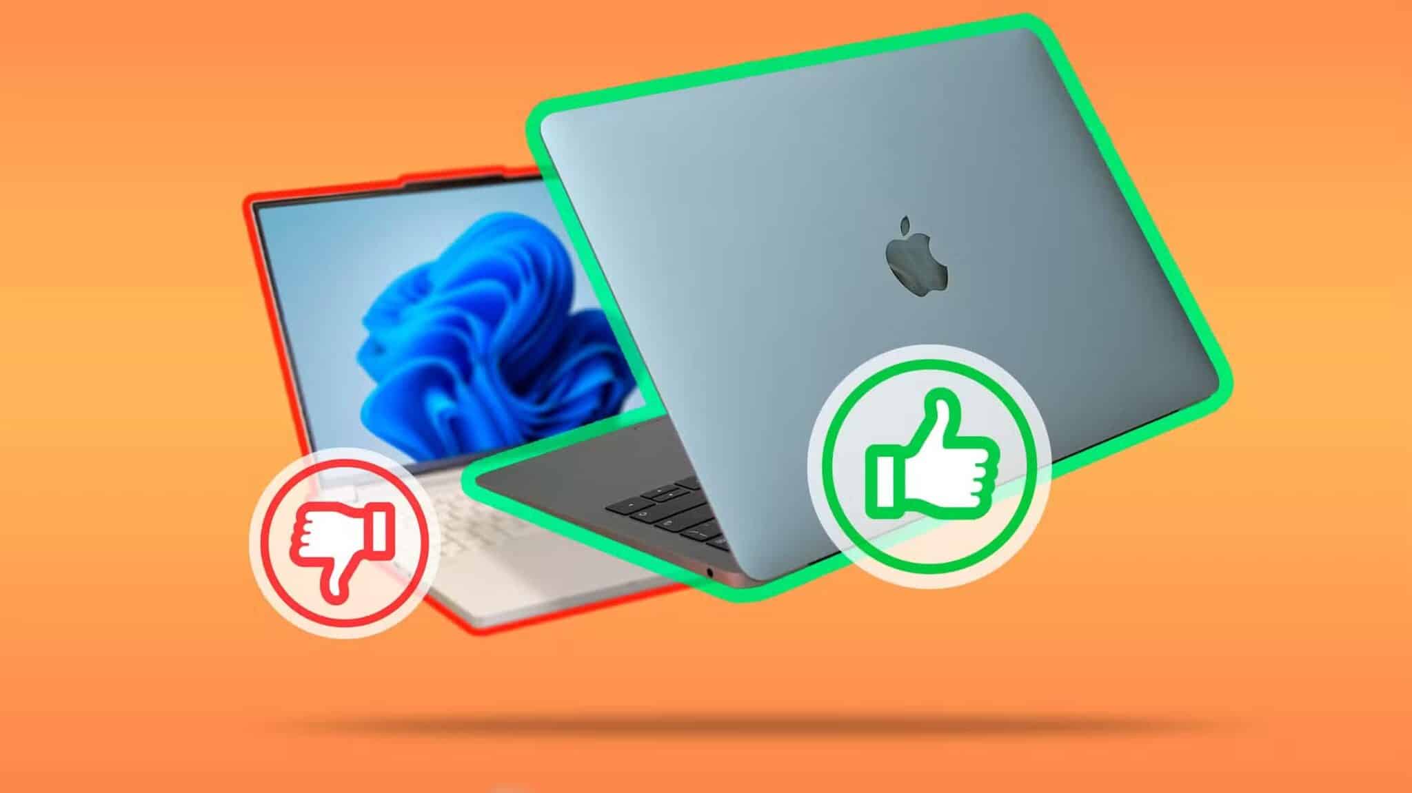 a-macbook-with-a-thumbs-up-icon-and-behind-it-a-windows-laptop-with-a-thumbs-down-icon-scaled أفضل طريقة لنقل ملفاتك بين Windows وMac بدون مشاكل تنسيق أو قراءة