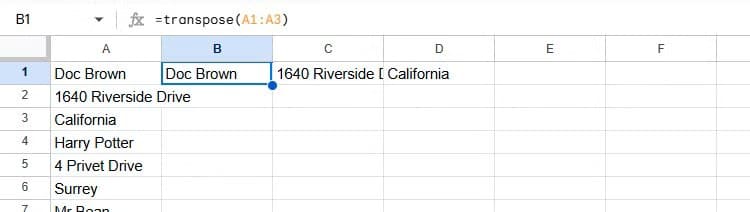a-name-address-and-area-are-transposed-from-three-separate-rows-into-three-separate-columns-in-google-sheets تحويل صورة تحتوي على جدول إلى Google Sheets بسهولة