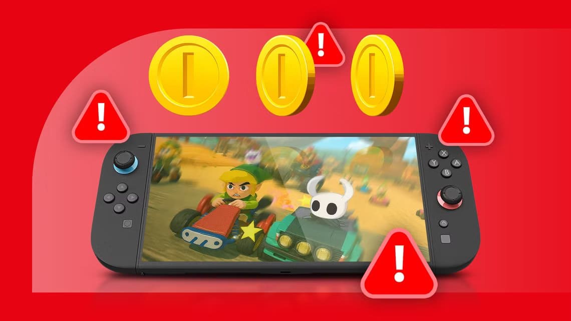 a-nintendo-switch-2-running-a-kart-racing-game-with-knockoff-link-and-hollow-knight-characters-three-golden-coins-above-and-red-warning-signs-around أنواع الاحتيال الشائعة في متجر Switch eShop وكيف تتجنبها