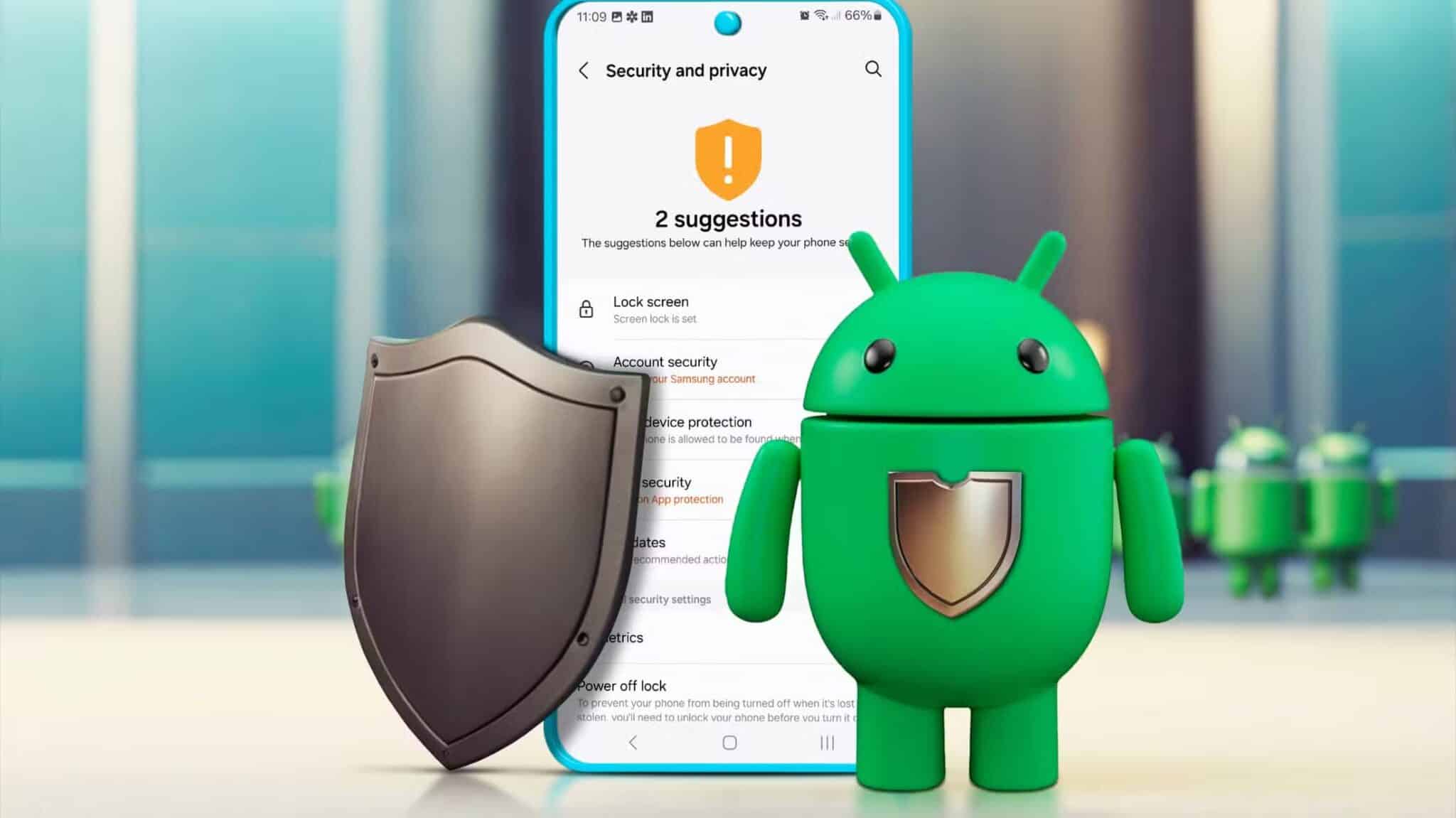 a-phone-on-the-security-and-privacy-screen-with-the-android-mascot-in-front-and-a-shield-scaled سلوكيات يومية تضعف أمان هاتفك Android بشكل كبير