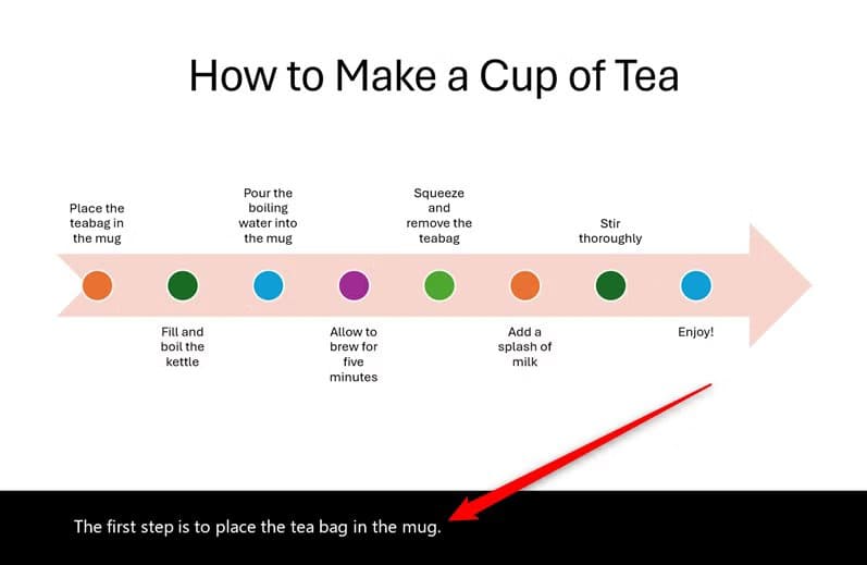 a-powerpoint-slide-with-subtitles-appearing-in-real-time-in-a-black-band-underneath-the-slide-s-content-1 طرق تجعل عرضك التقديمي في PowerPoint يبدو احترافيًا دون خبرة في التصميم