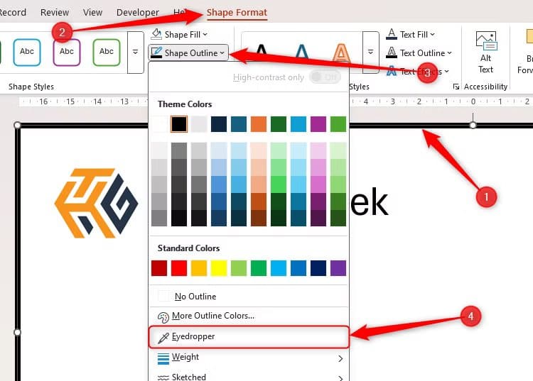 a-slide-border-in-powerpoint-is-selected-and-eyedropper-in-the-shape-outline-drop-down-menu-is-highlighted طرق تجعل عرضك التقديمي في PowerPoint يبدو احترافيًا دون خبرة في التصميم