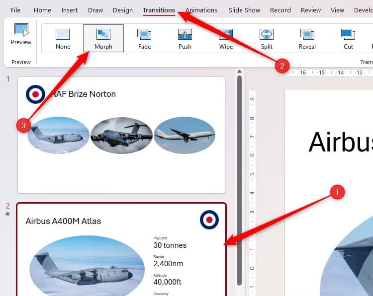 a-slide-is-selected-in-powerpoint-and-the-morph-transition-is-activated طرق تجعل عرضك التقديمي في PowerPoint يبدو احترافيًا دون خبرة في التصميم