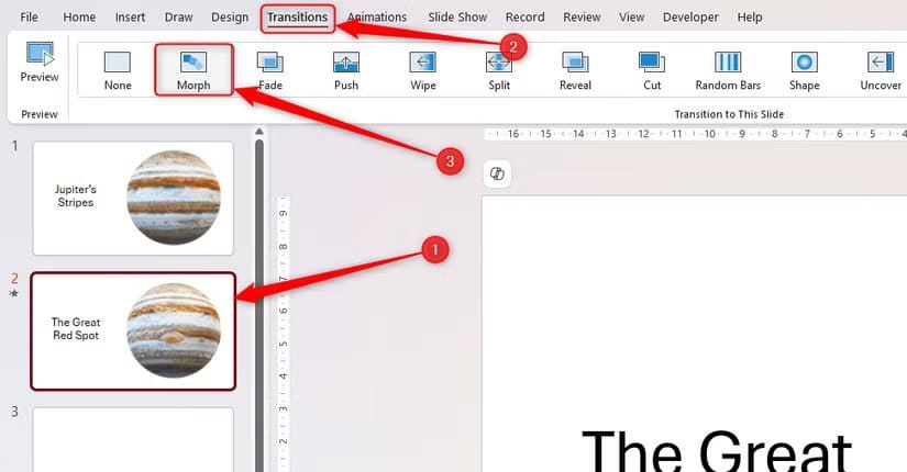 a-slide-is-selected-in-powerpoint-s-thumbnail-pane-and-the-morph-button-in-the-transitions-tab-is-selected طرق تجعل عرضك التقديمي في PowerPoint يبدو احترافيًا دون خبرة في التصميم