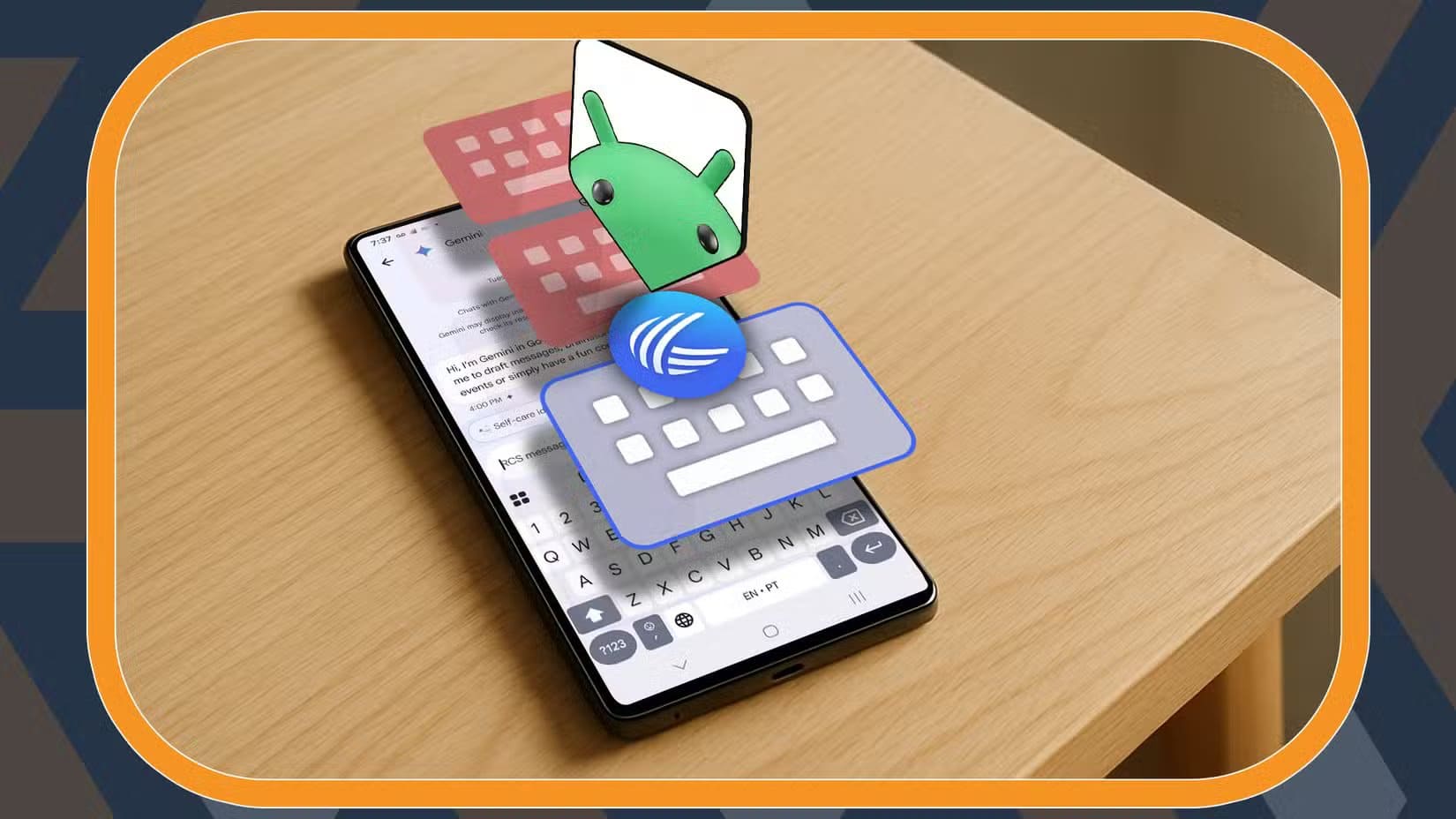 a-smartphone-with-multiple-keyboard-icons-floating-above-the-screen-and-the-android-mascot-in-the-center سلوكيات يومية تضعف أمان هاتفك Android بشكل كبير