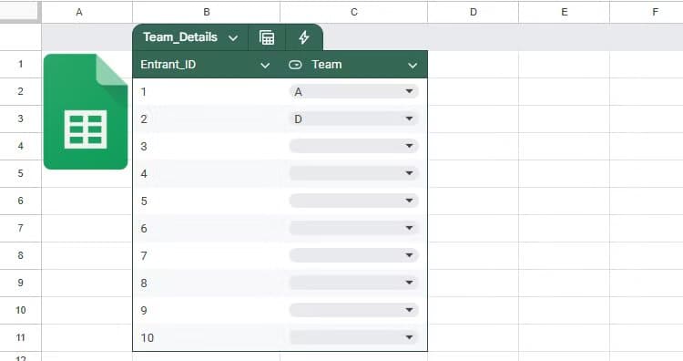 a-team-name-is-entered-next-to-each-entrant-id-using-a-drop-down-list-in-google-sheets متى يكون Google Sheets أفضل من Microsoft Excel