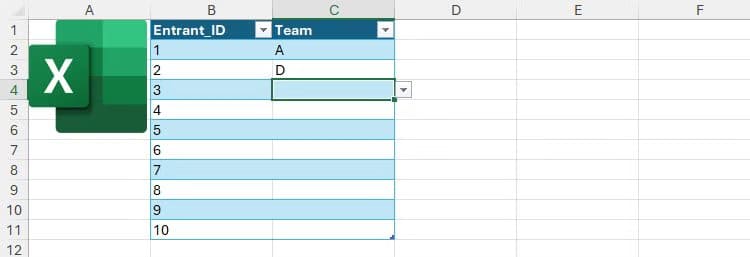 a-team-name-is-entered-next-to-each-entrant-id-using-a-drop-down-list-in-microsoft-excel متى يكون Google Sheets أفضل من Microsoft Excel