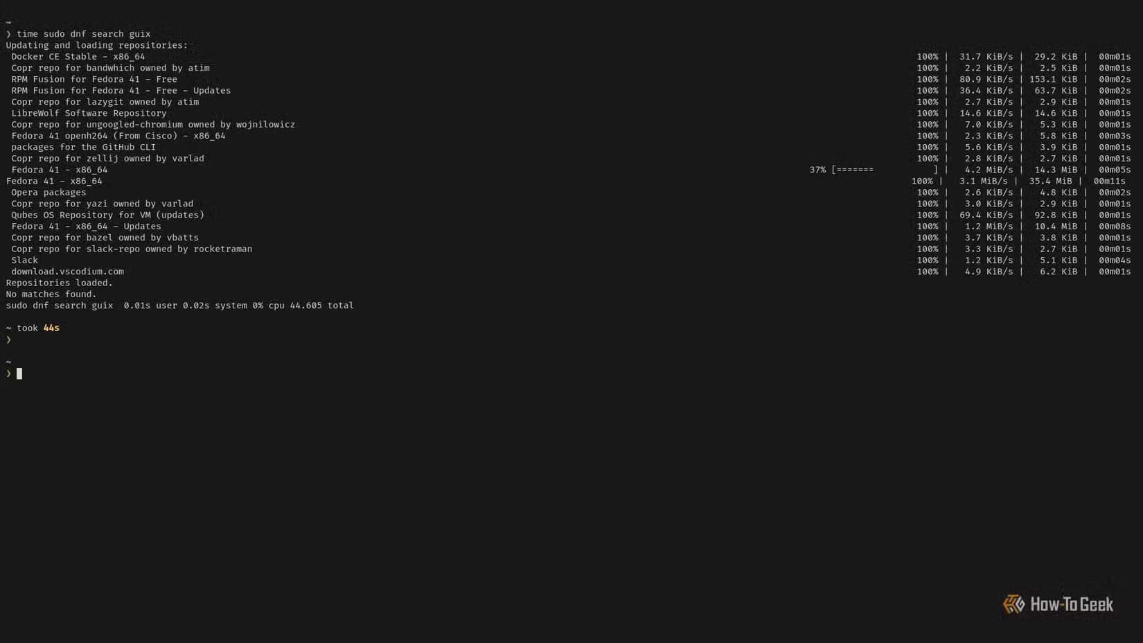 a-terminal-window-displays-the-connection-statuses-for-15-separate-dnf-repositories-the-entire-session-took-44-seconds-to-complete ثلاث مشكلات تواجه مستخدمي Fedora في الاستخدام اليومي