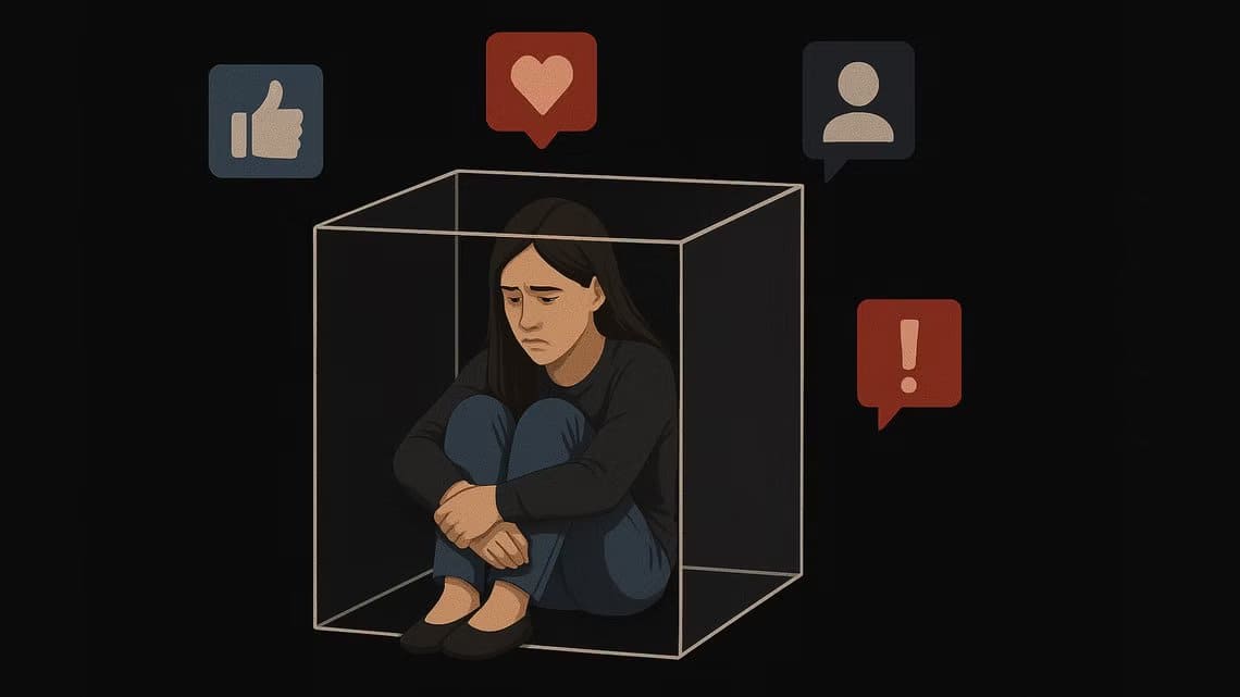a-woman-sits-in-a-clear-cage-with-social-media-icons-out-of-reach-outside كيف تعرف أنك محظور على وسائل التواصل الاجتماعي