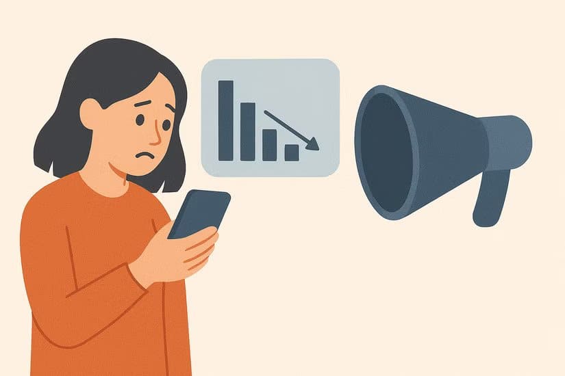 a-woman-with-some-downward-trending-metrics-and-a-megaphone كيف تعرف أنك محظور على وسائل التواصل الاجتماعي