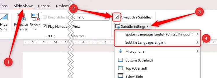 always-use-subtitles-is-checked-in-microsoft-powerpoint-and-the-spoken-and-subtitle-language-options-are-set-to-english طرق تجعل عرضك التقديمي في PowerPoint يبدو احترافيًا دون خبرة في التصميم