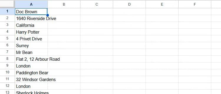 an-unsorted-list-of-names-and-addresses-in-column-a-in-google-sheets تحويل صورة تحتوي على جدول إلى Google Sheets بسهولة