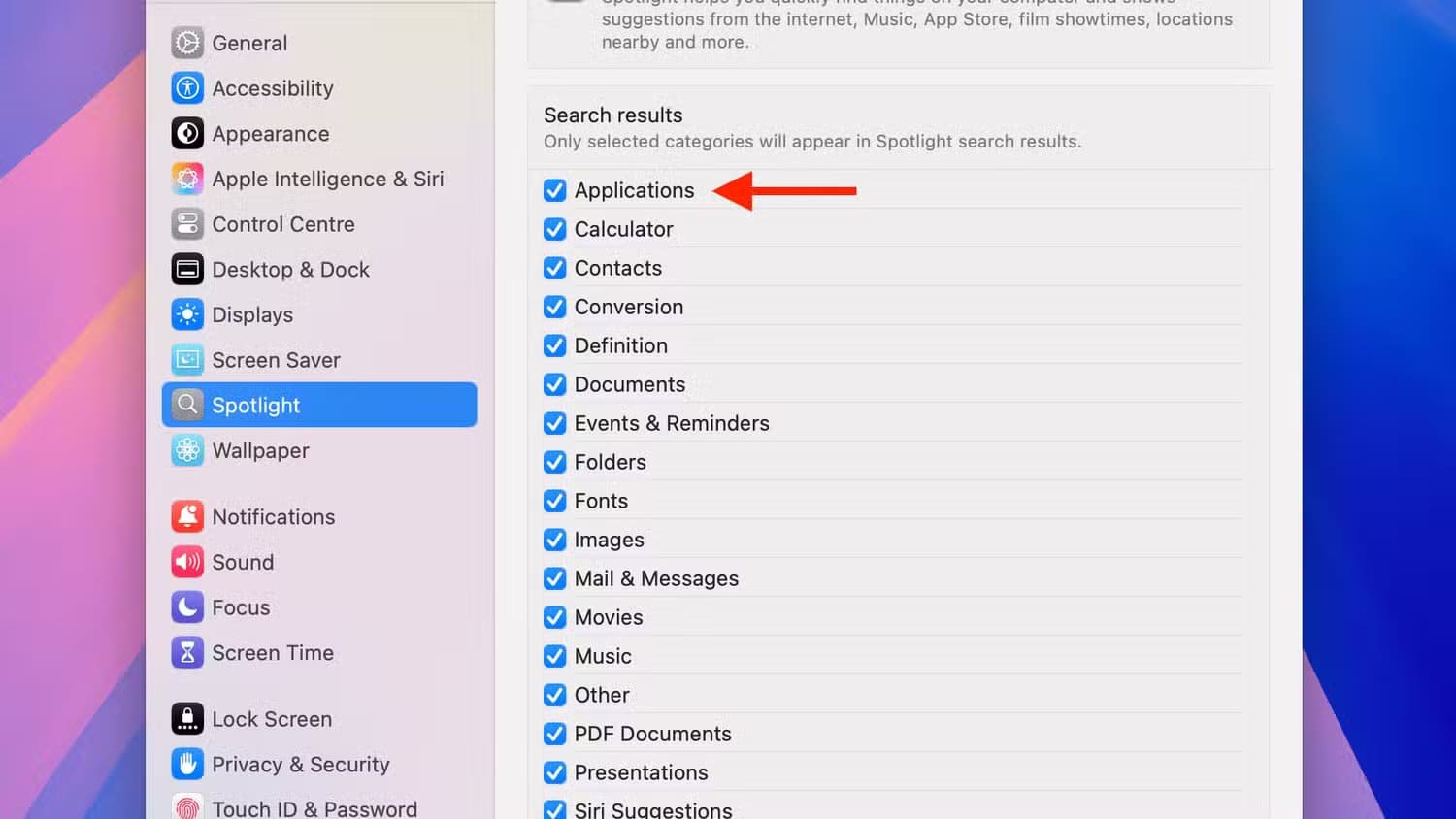 applications-checkbox-for-spotlight-in-system-settings-on-mac حل مشكلة اختفاء التطبيقات من Spotlight في Mac
