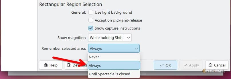arrow-pointing-to-the-remember-selected-area-option-in-spectacle-configuration أداة مفتوحة المصدر تتيح تسجيل شاشة Linux بالصوت دون تعقيد