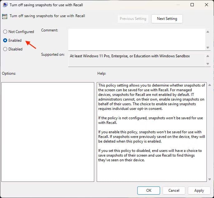 disabling-windows-recall-by-enabling-the-local-group-policy-setting كيف توقف ميزة Recall في Windows وتحمي خصوصيتك