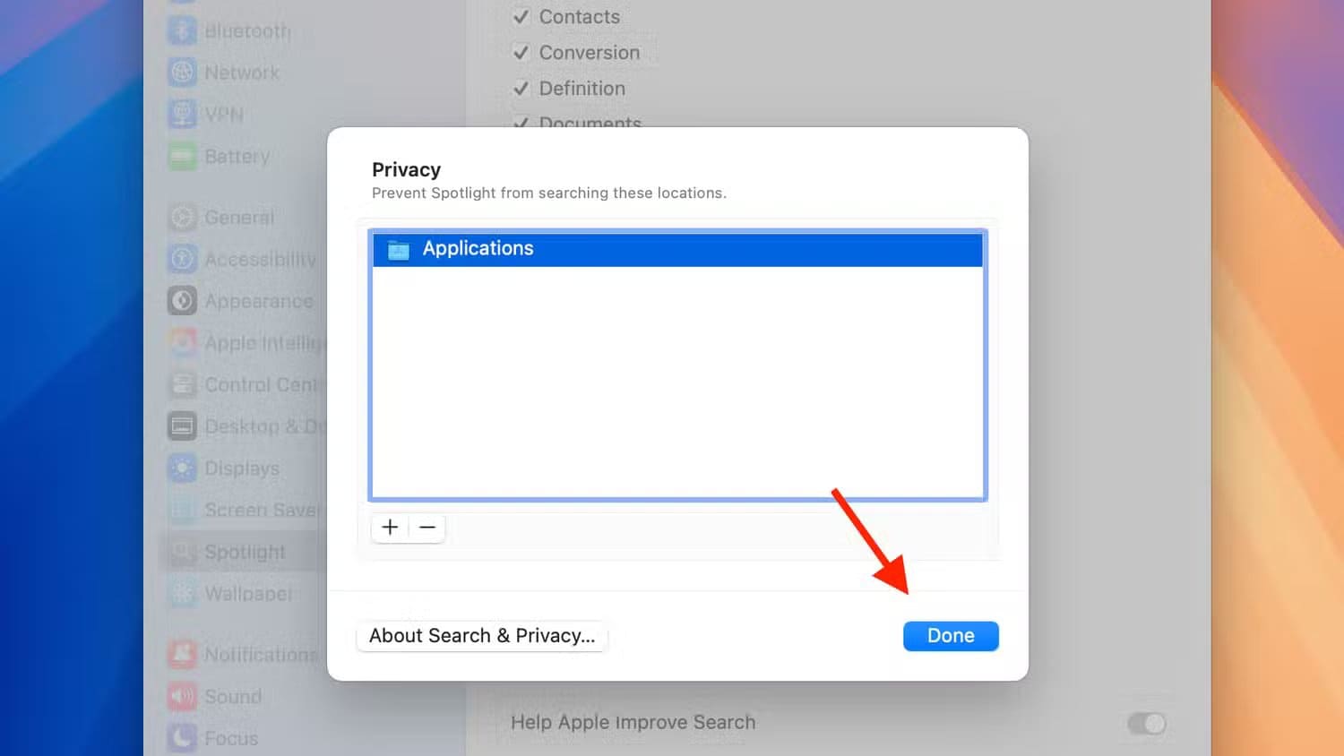 done-button-for-privacy-in-spotlight-settings-on-mac حل مشكلة اختفاء التطبيقات من Spotlight في Mac