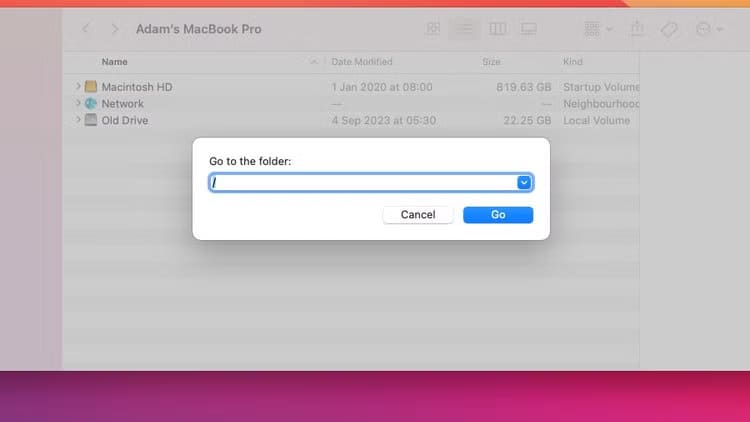 go-to-the-folder-field-with-entered-in-finder-on-mac حل مشكلة اختفاء التطبيقات من Spotlight في Mac
