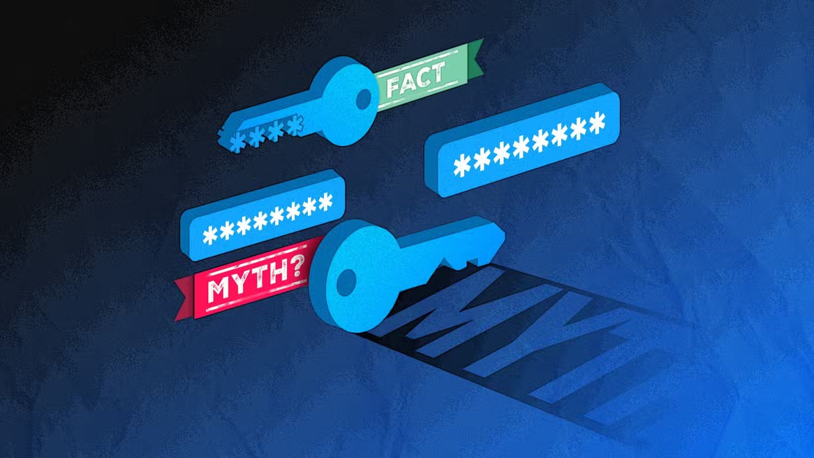 illustration-of-a-key-surrounded-by-passwords-and-ribbons-labeled-myth-and-fact سلوكيات يومية تضعف أمان هاتفك Android بشكل كبير